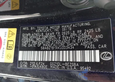 2019 Lexus Es 350 F Sport from USA, damaged, VIN 58ABZ1B1XKU003434